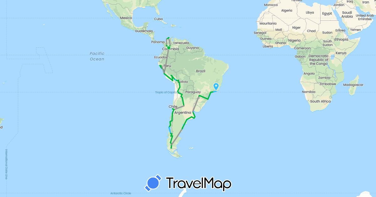 TravelMap itinerary: driving, bus, plane, boat in Argentina, Bolivia, Brazil, Chile, Colombia, Peru, Uruguay (South America)